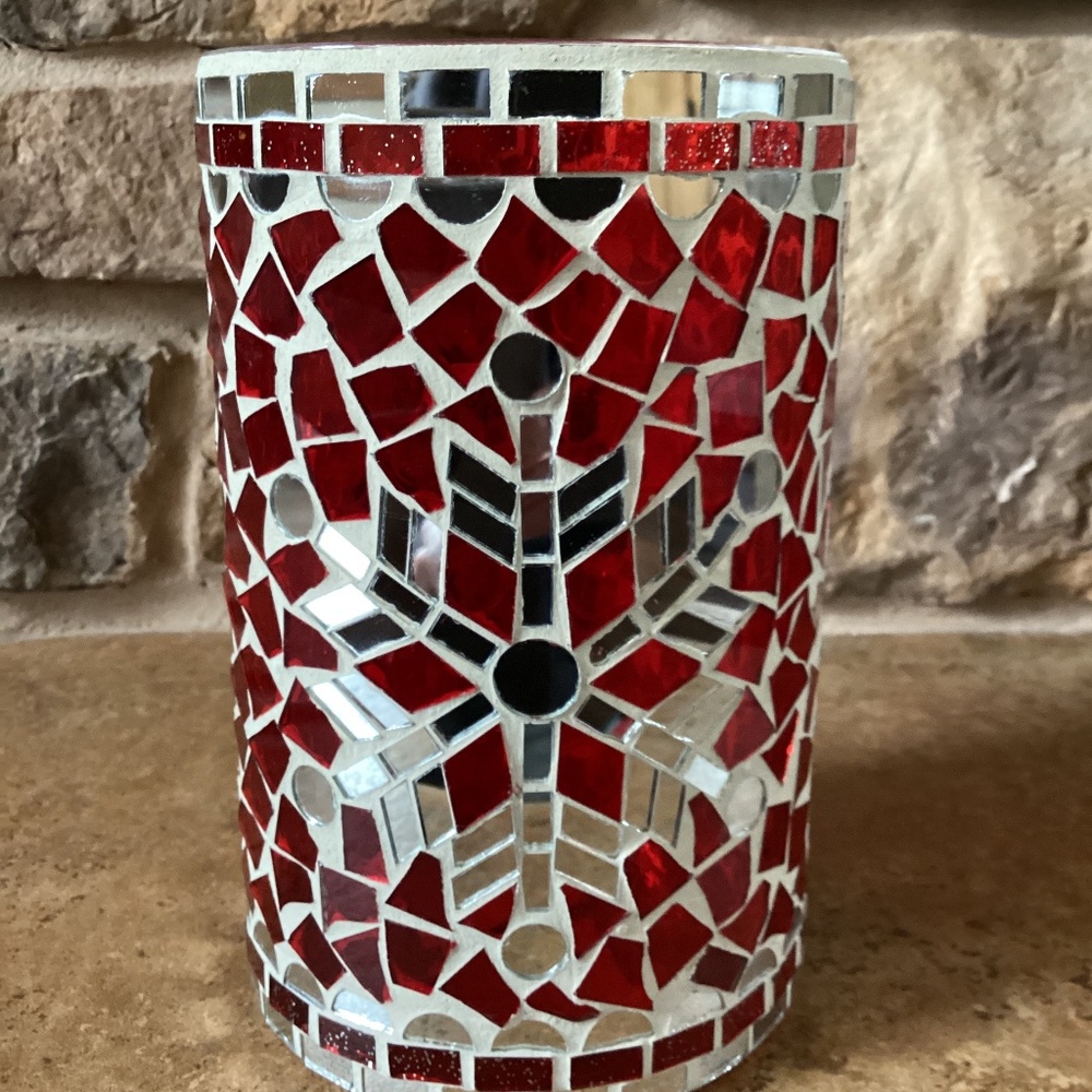 Stained Glass Hurricane Candle Holder Red Snowflake Mirror Holidays Christmas